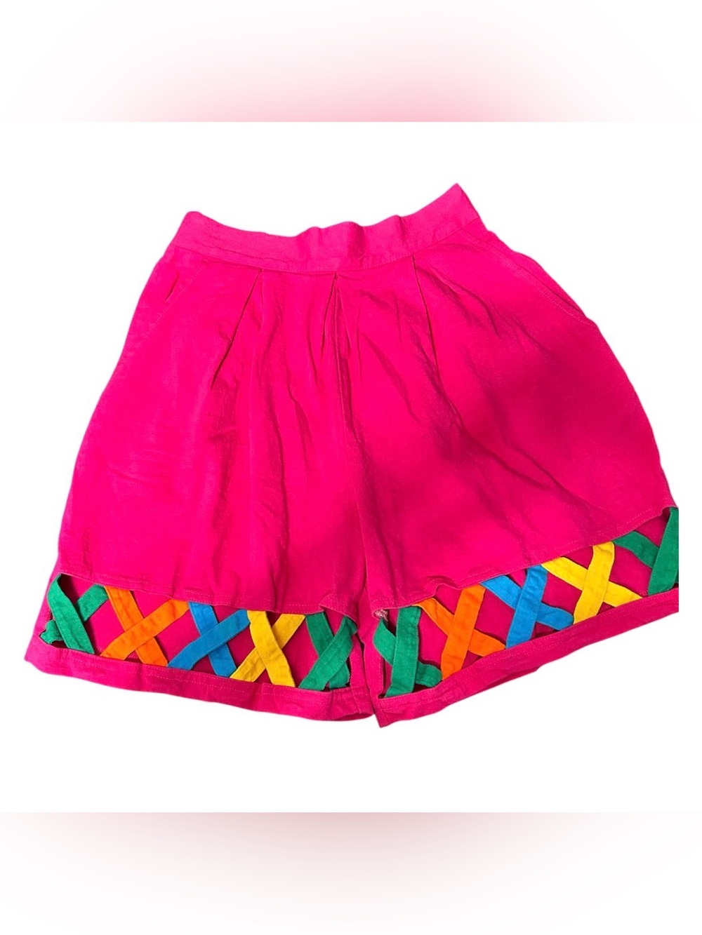 Vintage 80’s Confession Hot Pink High-Waist Shorts with Multicolor Woven Trim